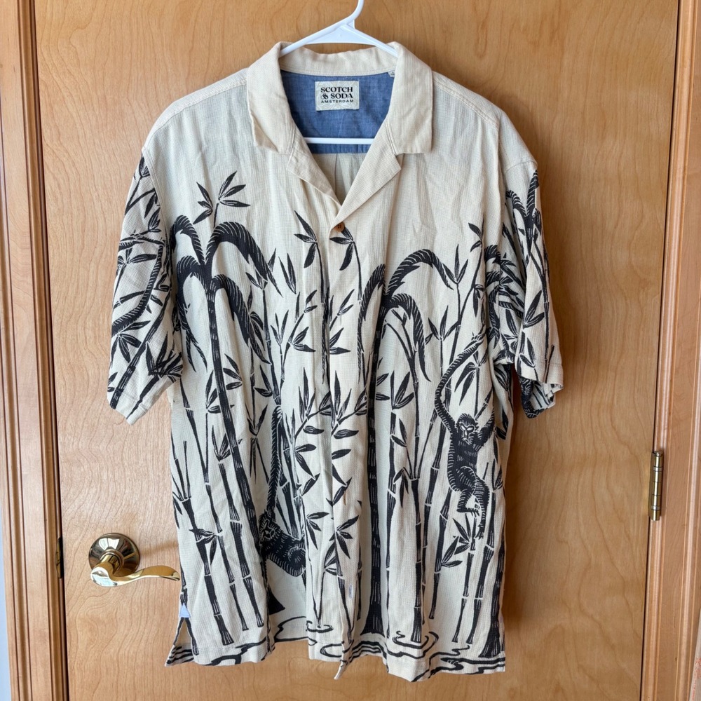 Scotch & Soda Button Down Shirt Mens Large Cream Bamboo Monkey Print Cotton